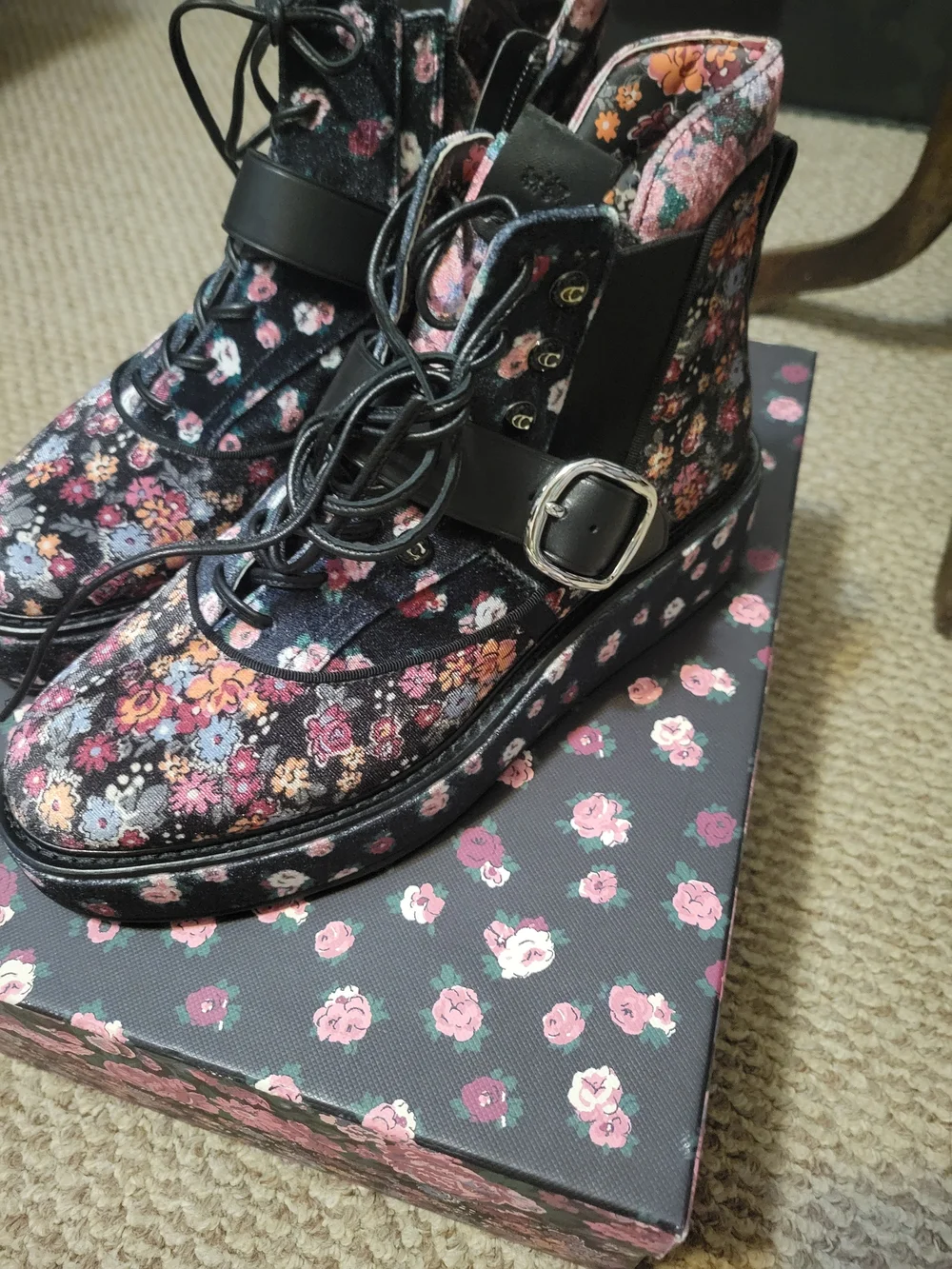 Coach Floral Lace-Up Ankle Boots in Black with Pink & Multicolor Floral Print